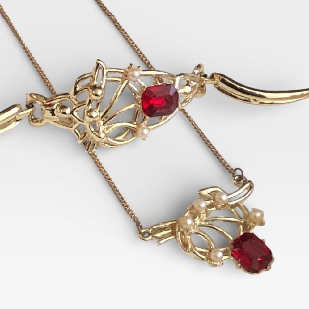Vintage Cherry Red Rhinestone Faux Pearl Necklace & Bracelet Set